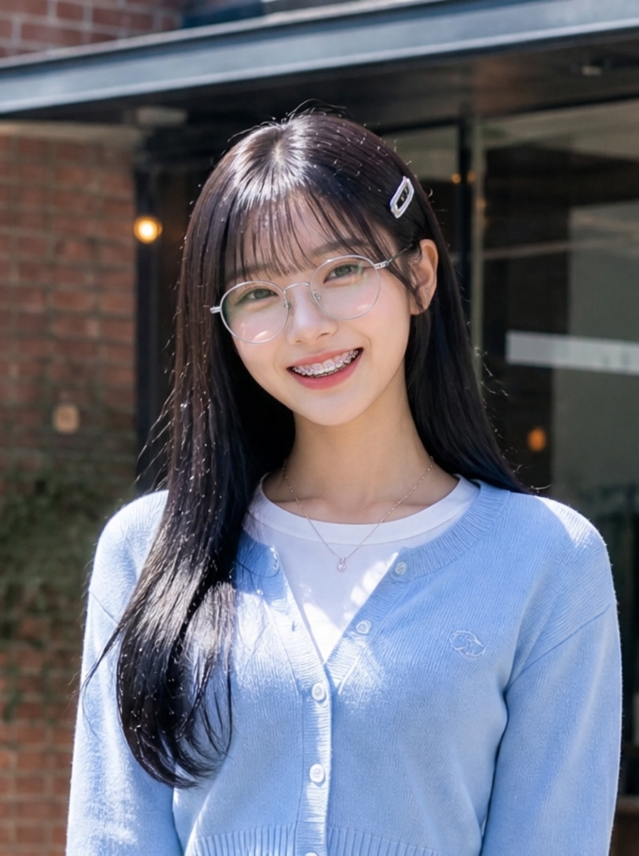 Lentes y brackets: una mujer de cabello negro largo con fleco y cárdigan azul claro sonríe con brackets metálicos de ligas rosas y lentes redondos delgados