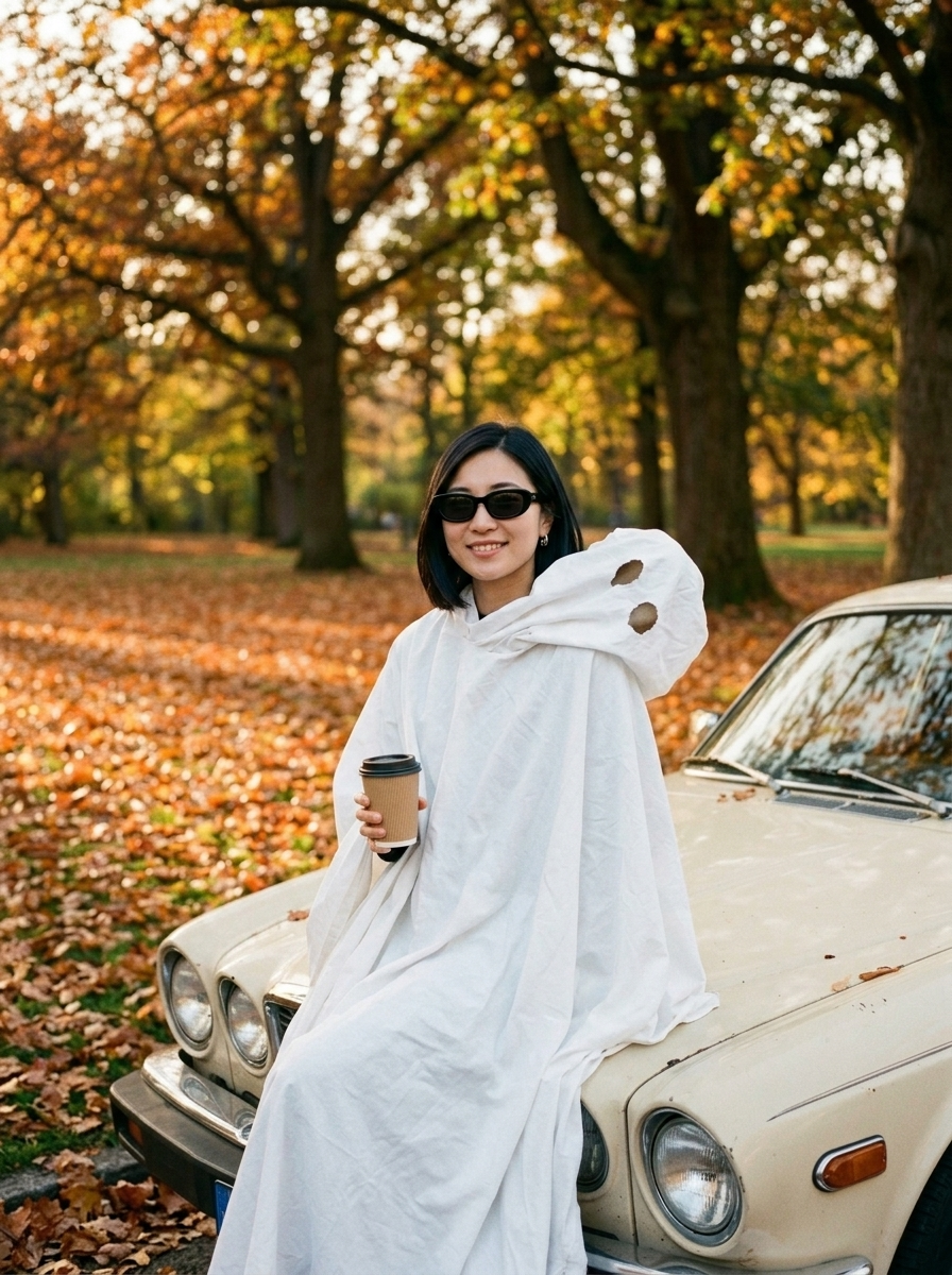 Ghost photoshoot: a woman in a white eye-hole bedsheet and black sunglasses sits on a vintage cream car with a coffee in an autumn park