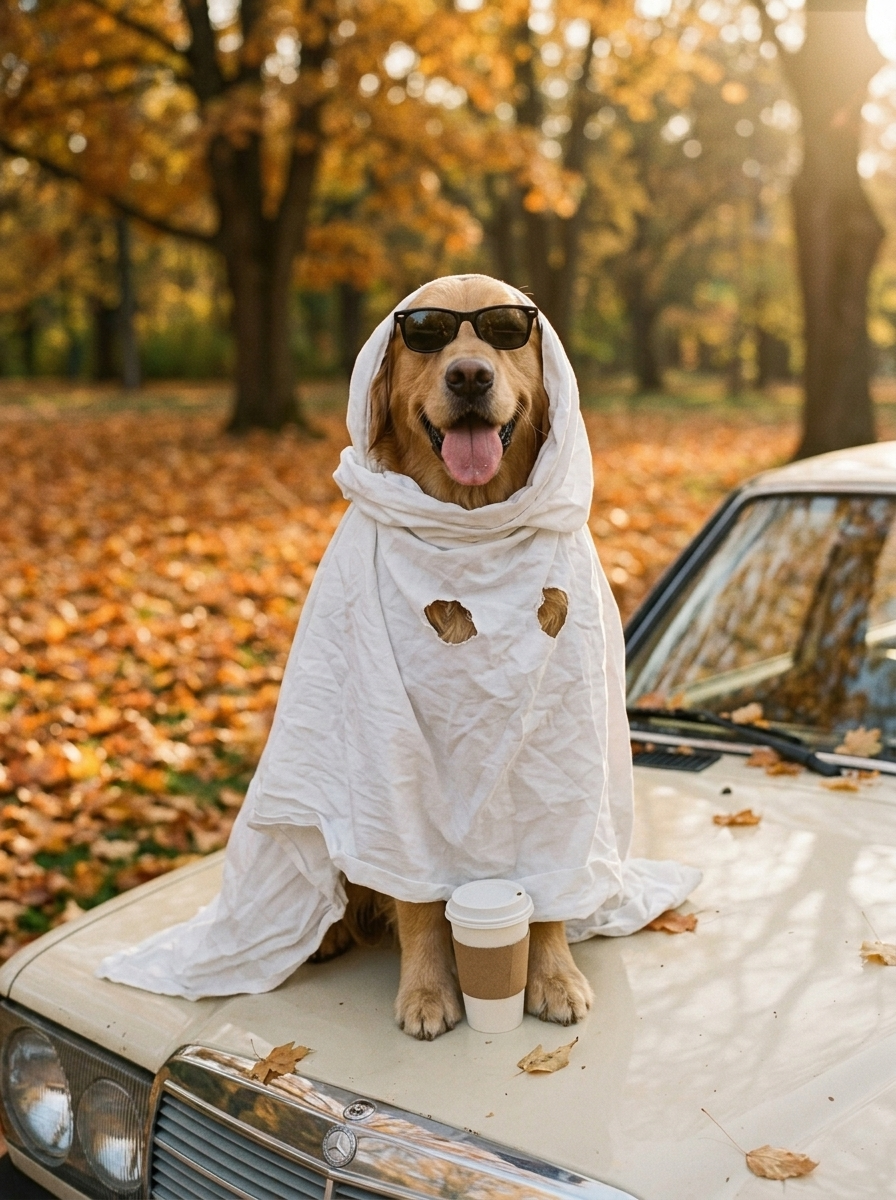 Dog ghost photoshoot: a golden retriever in a little bedsheet ghost hood and sunglasses on the hood of a vintage car among orange leaves