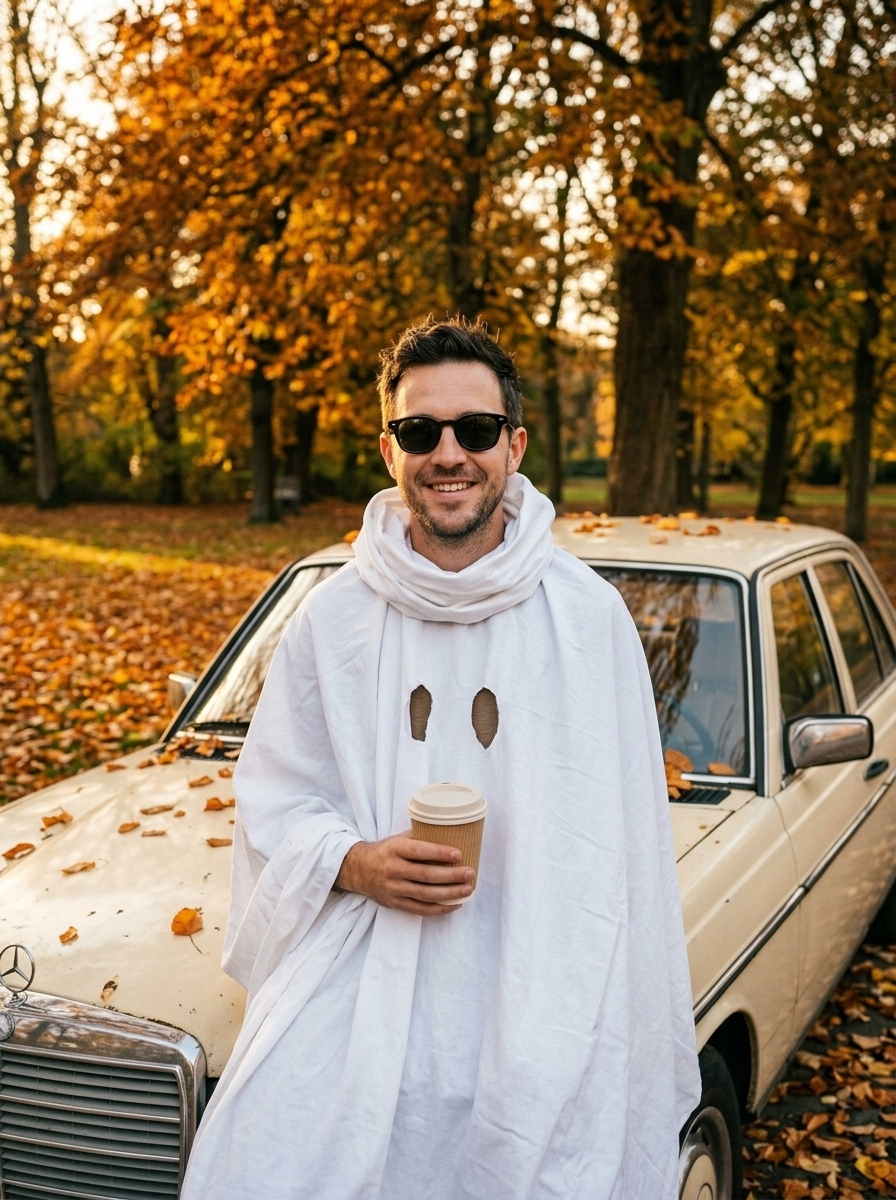 Halloween ghost photoshoot of a man in a bedsheet ghost costume and sunglasses holding a coffee by a vintage car in fall