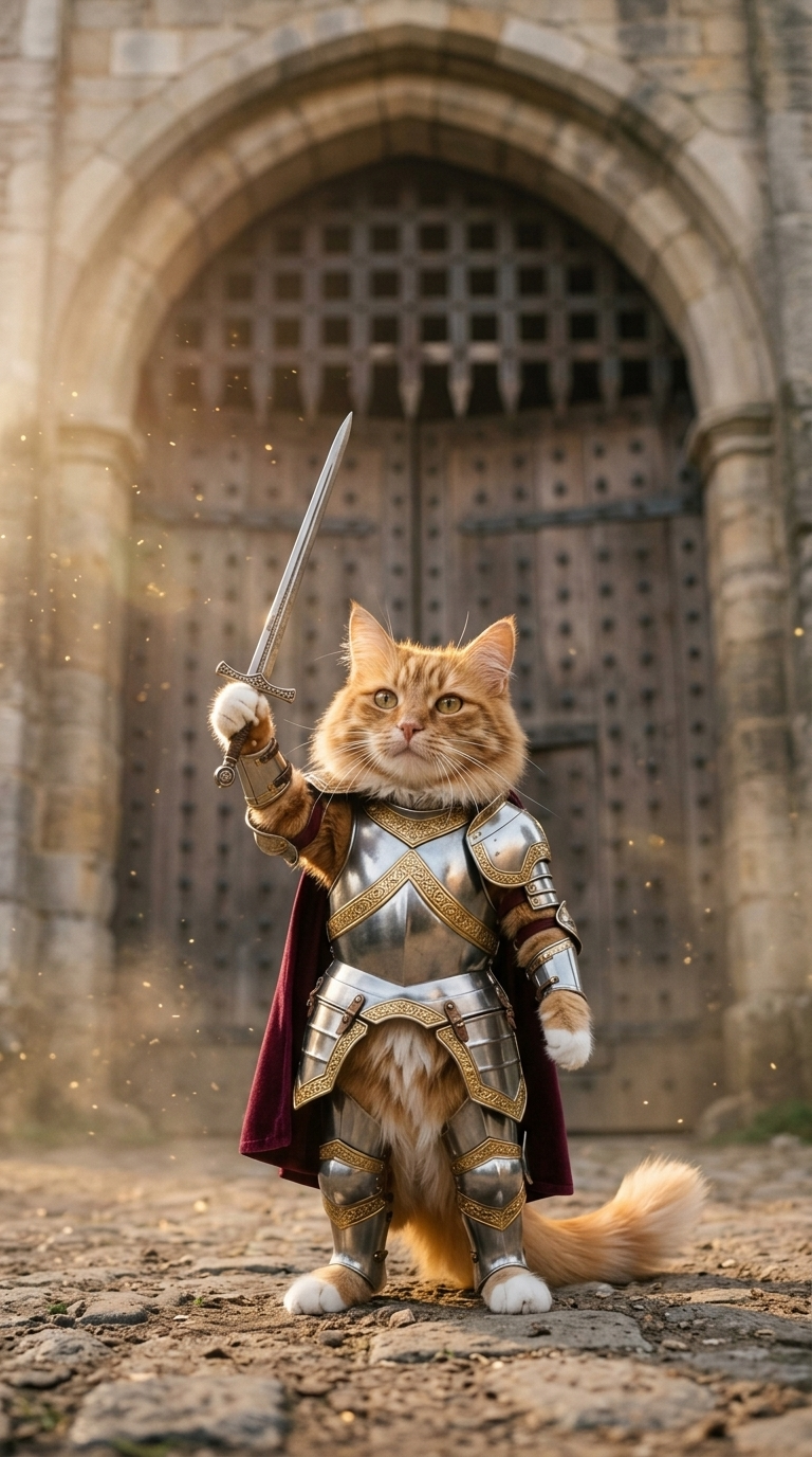 Knight cat AI: a ginger cat in silver armour raising a sword at a castle gate