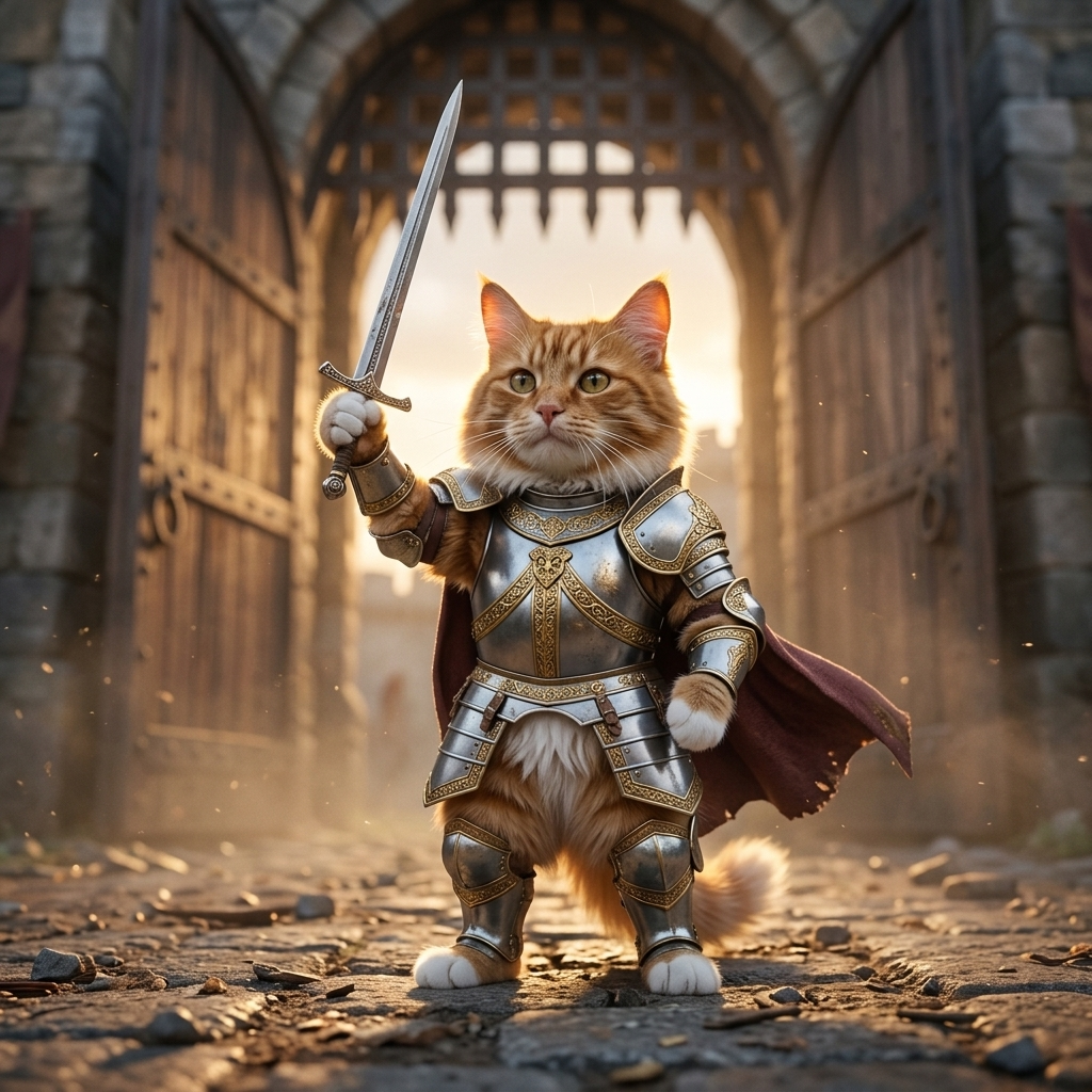 Square cat knight meme image made from a pet photo