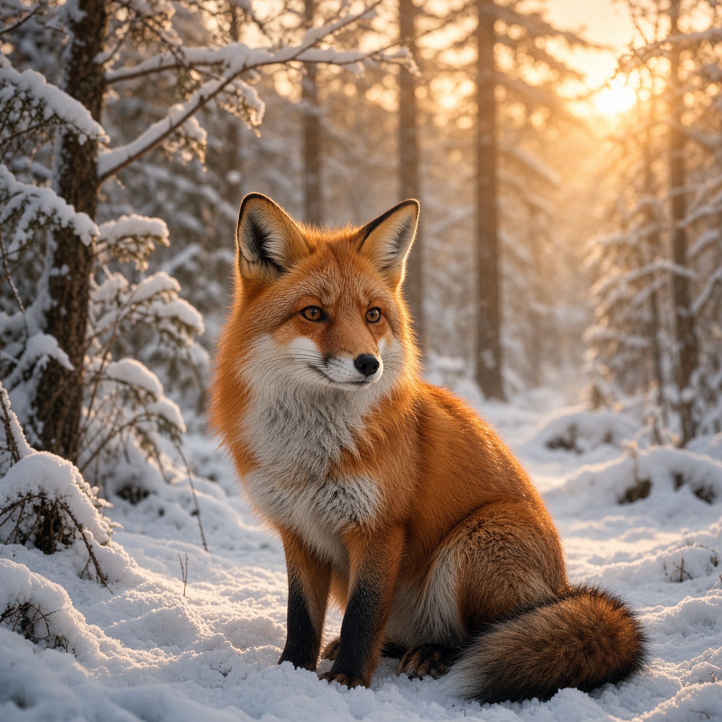 Grok Imagine Image 2.0: a red fox in a snowy forest at golden hour