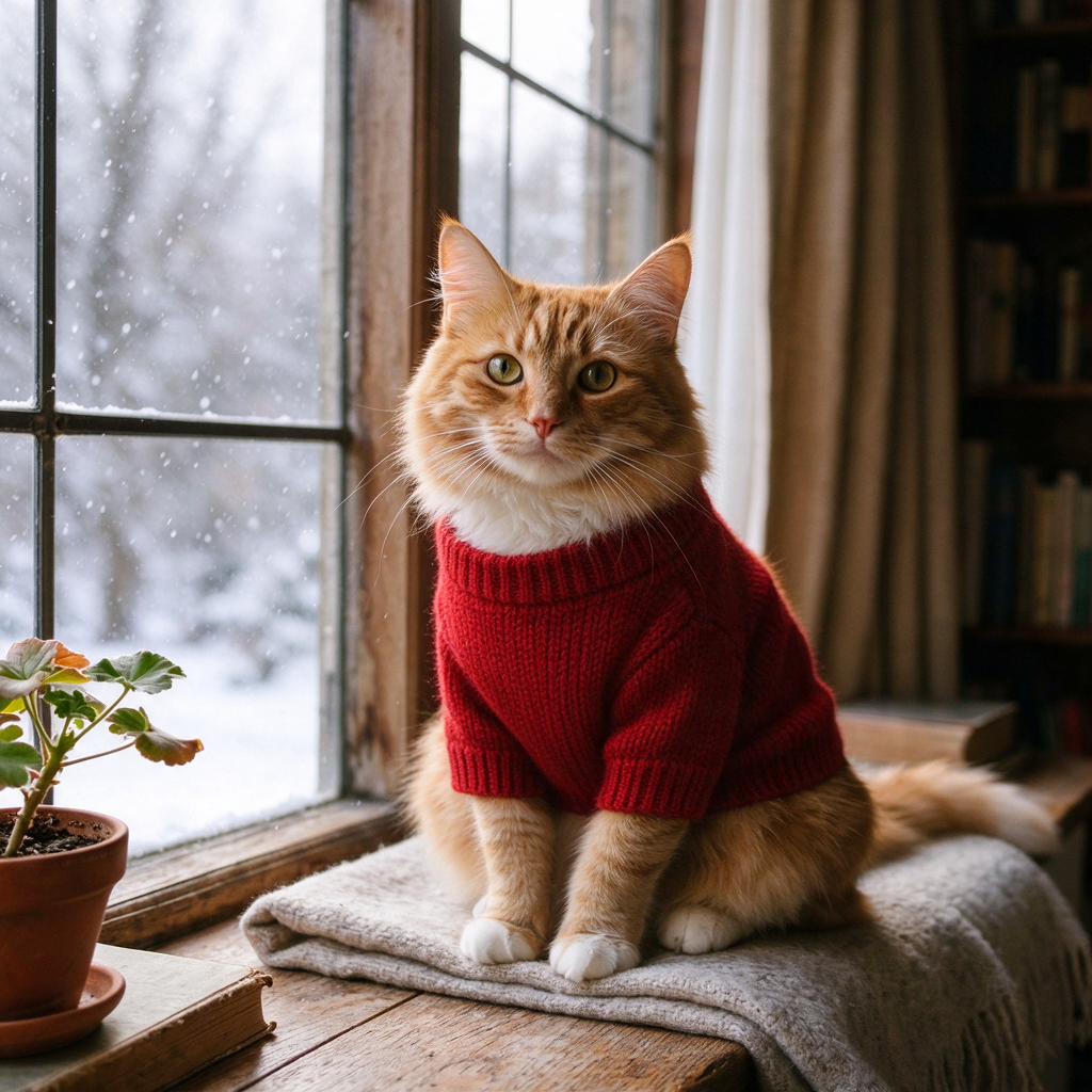 Seedream 5 Flash photo edit: a ginger cat wearing a red knitted sweater by a snowy window