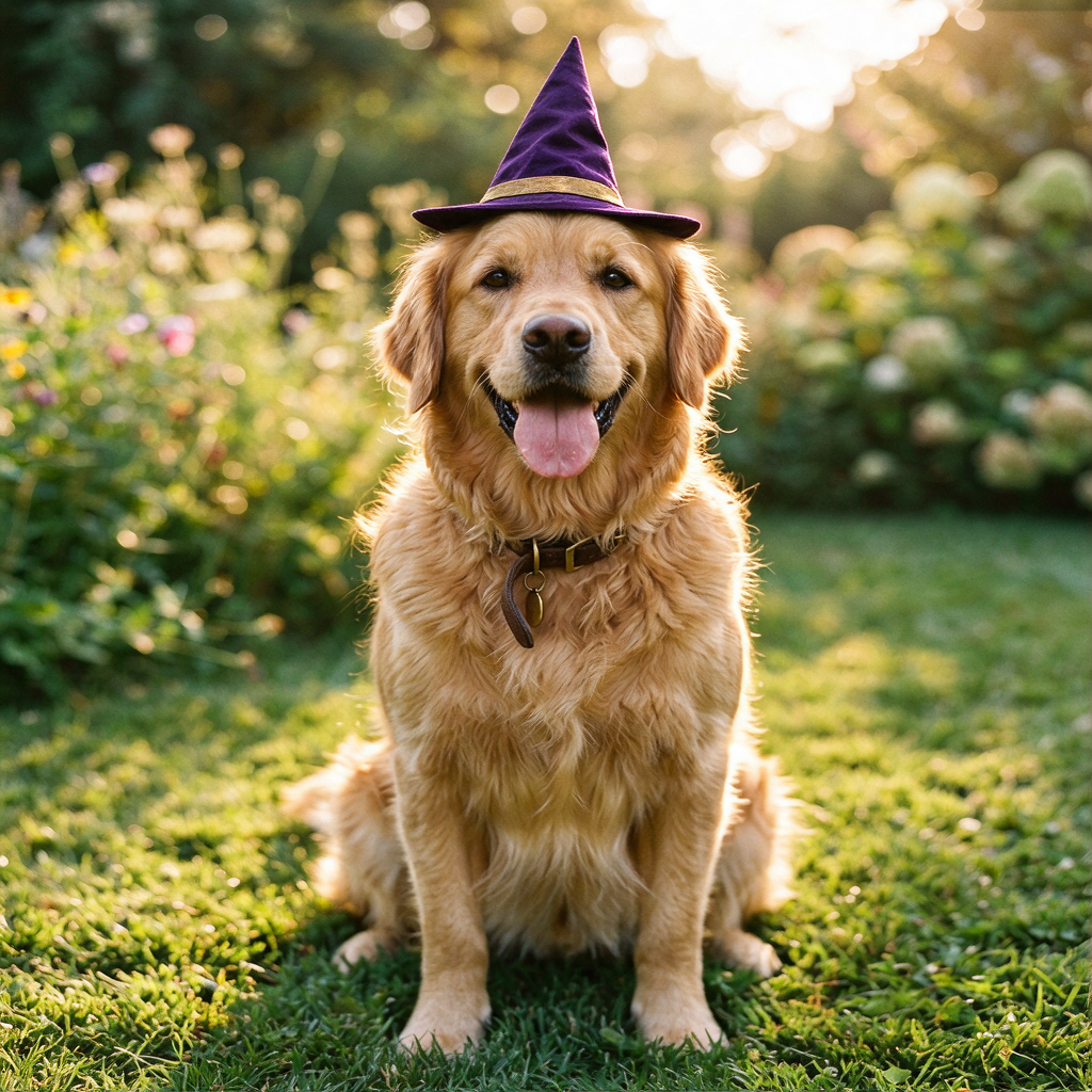 Seedream 5 Flash photo edit: a golden retriever wearing a purple wizard hat