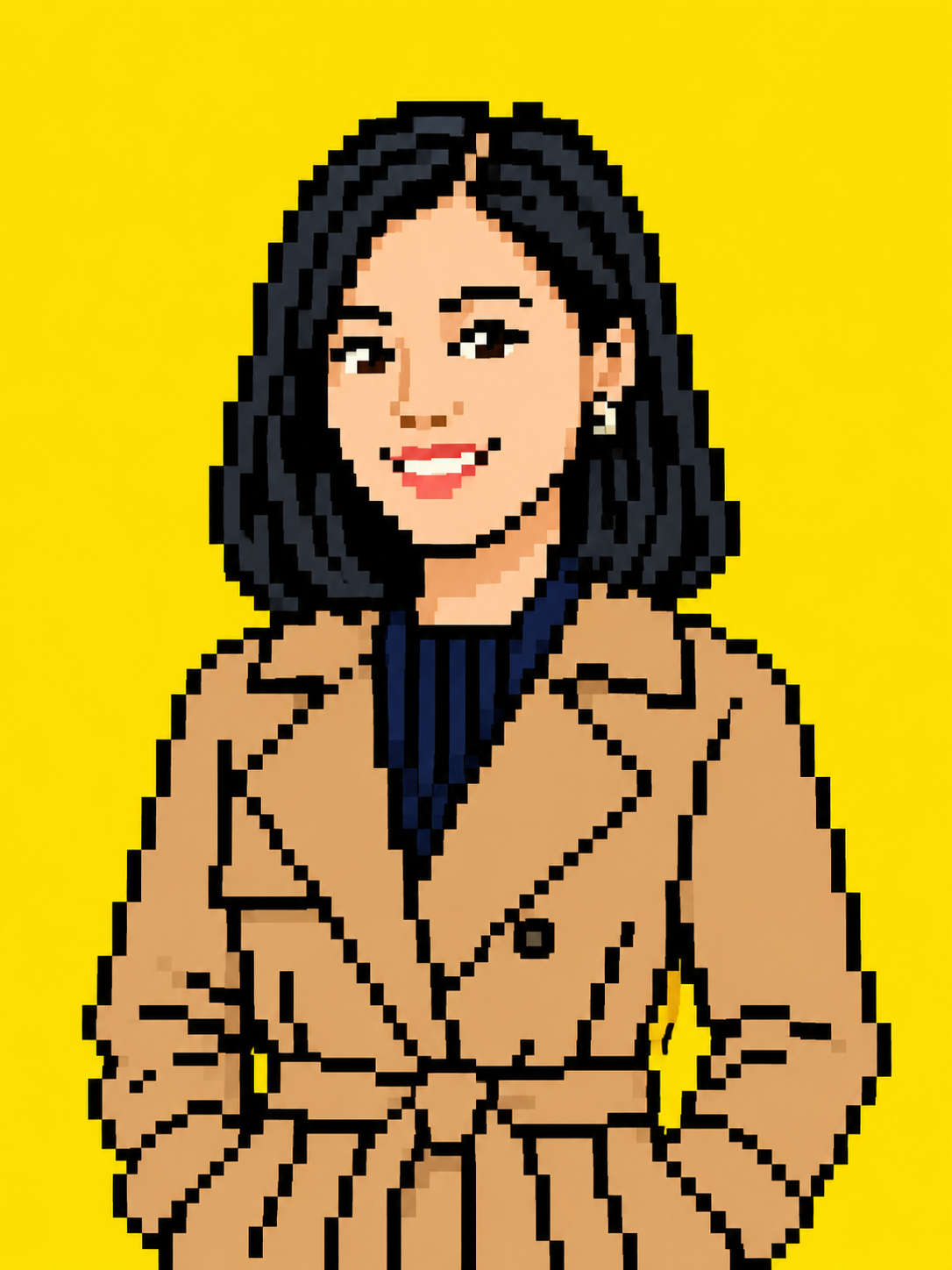 pixel art portrait of a woman with a black bob made from a photo