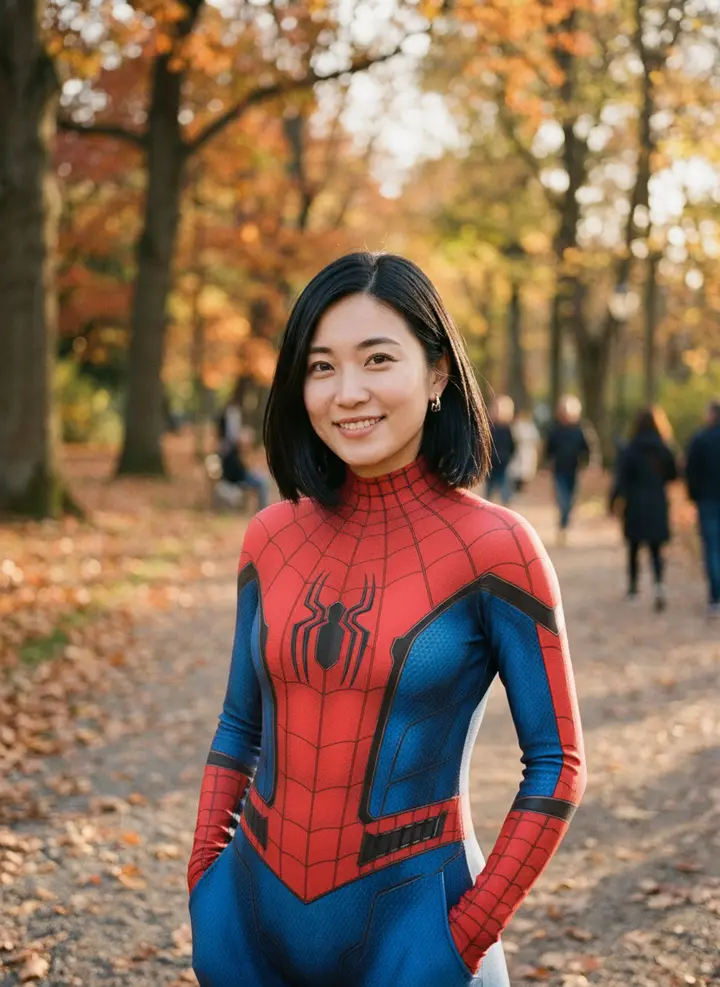 A smiling woman with a dark bob in an autumn park, wearing a red and blue Spider-Man suit