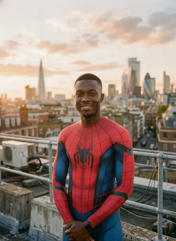 A smiling man on a city rooftop at sunset with a skyline behind him, wearing a red and blue Spider-Man suit