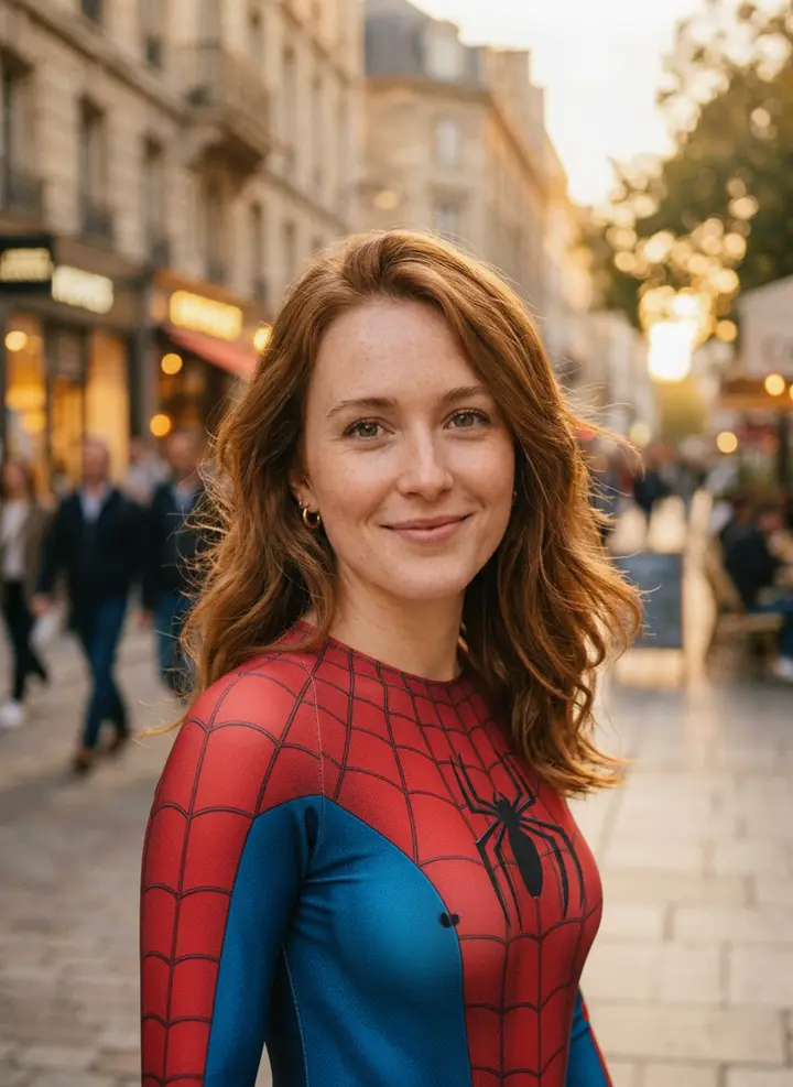 A smiling red-haired woman on a city street at golden hour, wearing a red and blue Spider-Man suit with a black spider on the chest